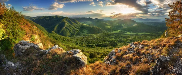 Panorama de montagne printanière avec forêt au coucher du soleil, Slovaquie — Photo