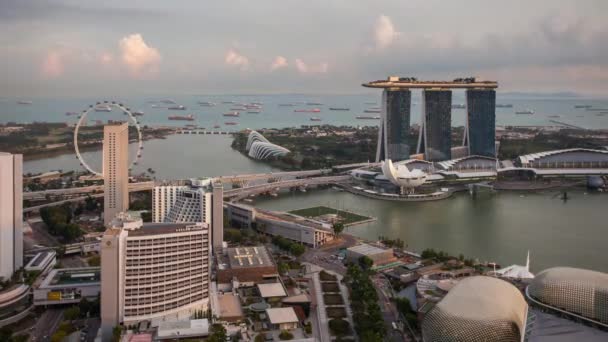 Днем Ночью Сингапур Силуэт Города Восходе Солнца Бухта Марина — стоковое видео