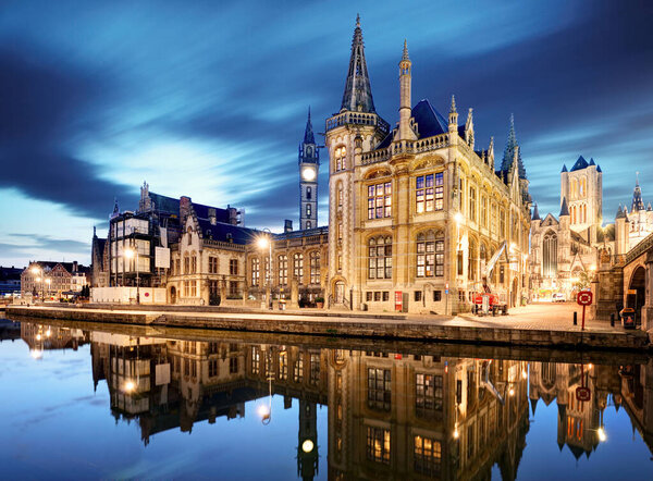 Ghent, Belgium during night, Gent old town