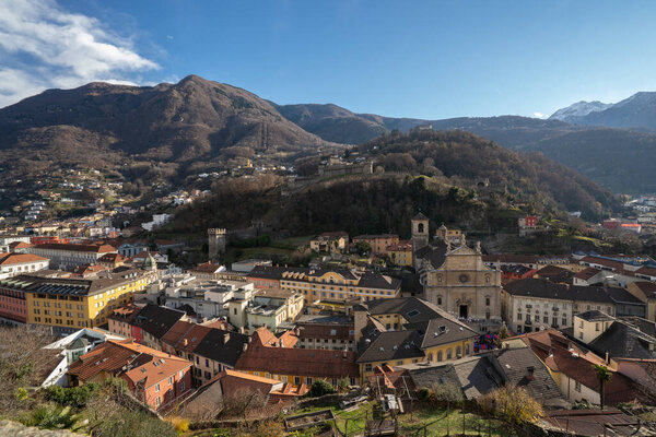 Panoramic winter view of Bellinzona town and castle Montebello