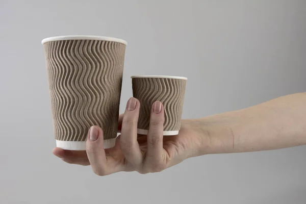 Corrugated Cup Hot Drinks Held Female Hand — Stock Photo, Image