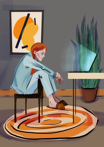 Poster Stay Home Lonely Red Haired Girl Illustration Quarantine Watch — Stock Photo, Image