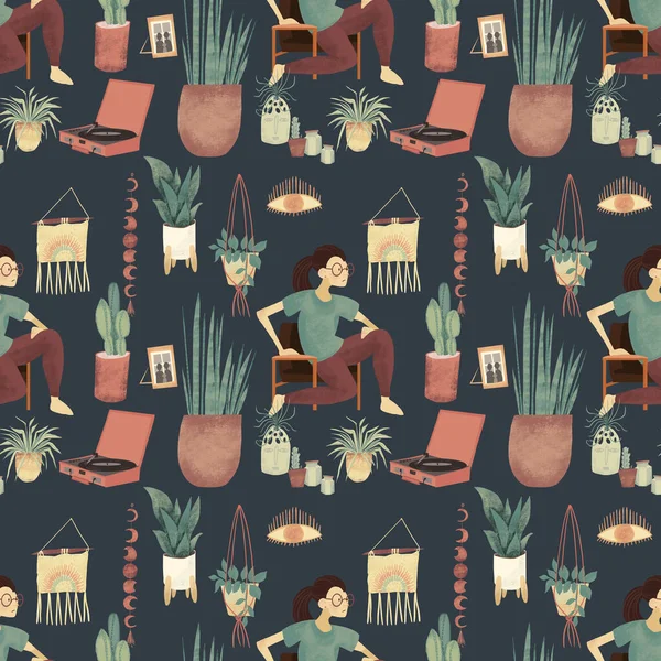 Seamless pattern of girls staying at home among plants and home decoration. girls listening to music at home in a boho style interior. young girls loving plants. girls relaxing at home