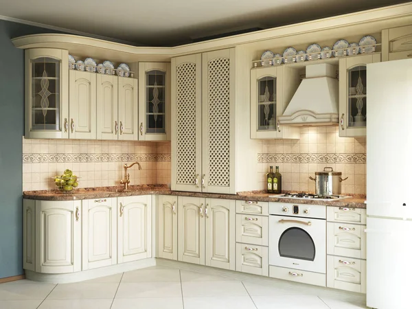 Ilustración 3D de cocina blanca en estilo clásico —  Fotos de Stock