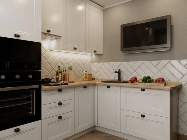 インテリアのモダンな木製ホワイト キッチン ストック写真