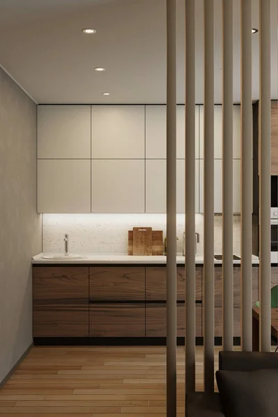 Moderne Weiße Holzküche Innenraum Stockbild