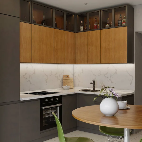 Modern Wooden White Kitchen Interior Stock Photo