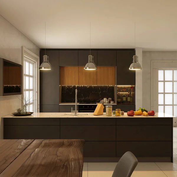 Modern Wooden White Kitchen Interior Stock Image