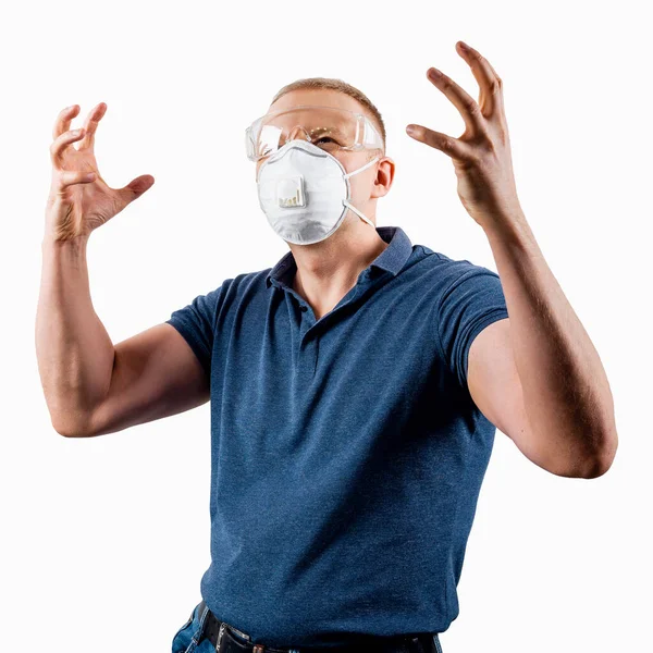 Man Met Een Beschermend Masker Geïsoleerd Een Witte Achtergrond Een — Stockfoto