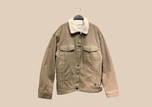 Brown Corduroy Jacket Faux Shearling Lining Hanger Isolated Beige Background — ストック写真