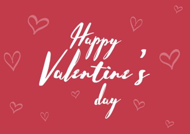 Sevgililer Günü kartpostalında kırmızı arka planda izole edilmiş kalpler olan el yazısıyla yazılmış yazı mutlu olsun. Elle çizilmiş modern fırça harfleri. Tebrik kartı