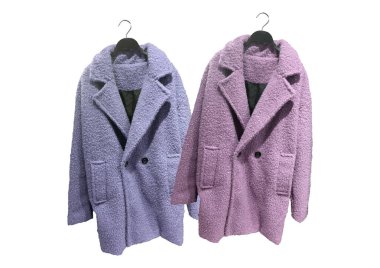 Fashionable women Faux shearling coats on a hanger isolated on pink background.  Composition of clothes. Flat lay, top view, copy space. Winter clothes pattern. Ladies' Trench Coat. Pattern