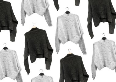 Female Flecked knit sweater with long sleeves on a hanger isolated on white background. Autumn and winter clothes. Composition of clothes. Flat lay, top view, copy space. Winter clothes pattern
