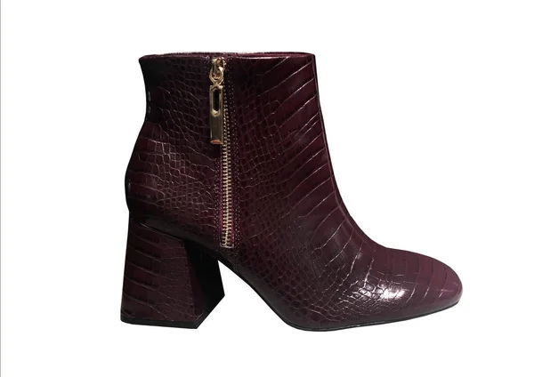 Women Burgundy Python Leather Heels Boots Isolated White Background Close — Stok fotoğraf
