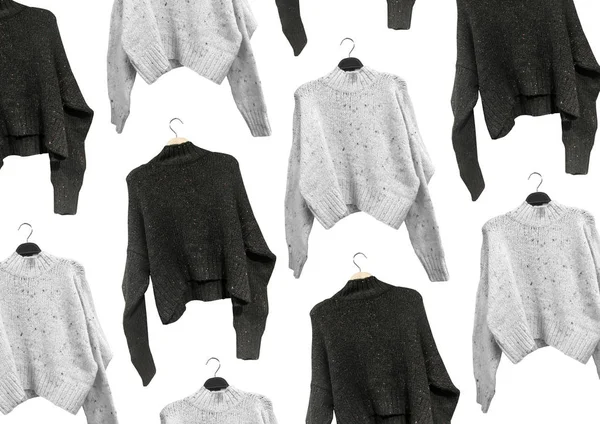 Female Flecked knit sweater with long sleeves on a hanger isolated on white background. Autumn and winter clothes. Composition of clothes. Flat lay, top view, copy space. Winter clothes pattern