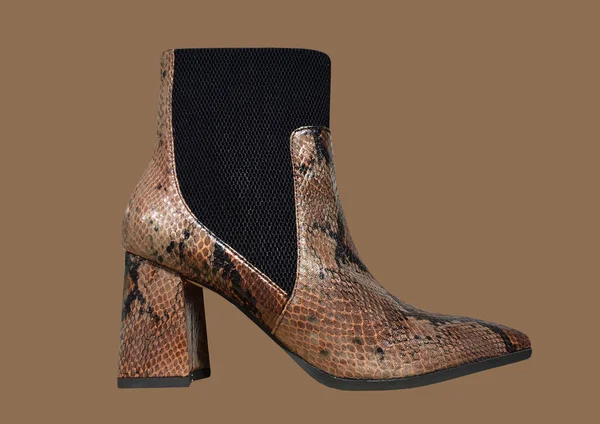 女人的蛇皮牛仔靴是用褐色背景隔离的 蛇头牛仔脚踝靴图案 时尚休闲女鞋近景 褐色蛇 印刷女靴 复制空间 — 图库照片