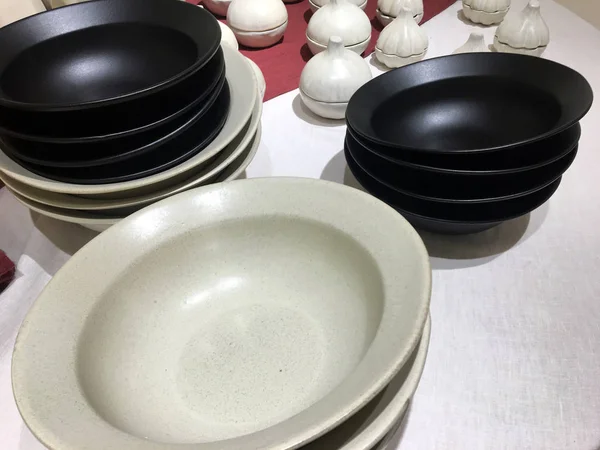 Modern Pottery White Black White Ceramic Plate Ceramic Clay Empty — Stock Photo, Image
