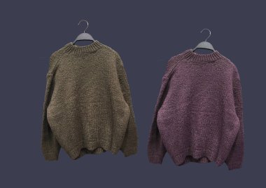 Mavi arka planda kahverengi ve pembe örgü süveterler var. Kıyafet kompozisyonu. Banner konsepti. Moda kıyafet kolajı. Moda konsepti. Desen