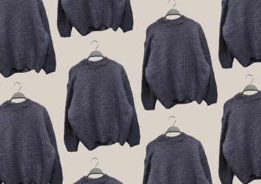 Kahverengi arka planda mavi büyük boy örgü süveter var. Kıyafet kompozisyonu. Banner konsepti. Moda kıyafet kolajı. Moda konsepti. Desen