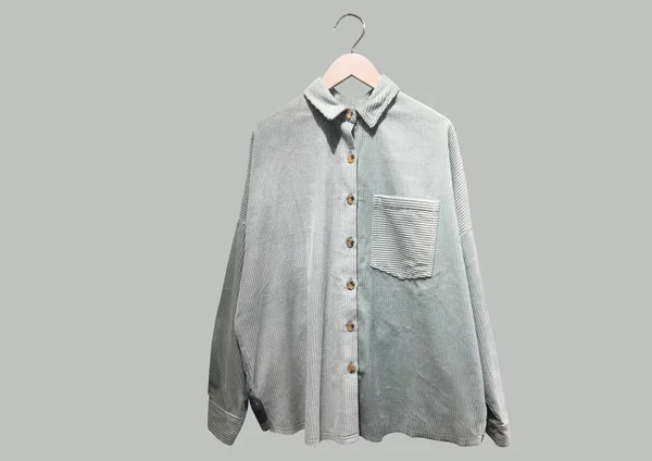 Light Green Casual Corduroy Shirt Pocket Hanger Isolated Gray Background — ストック写真