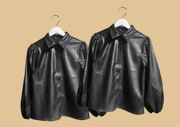 Set Black Faux Leather Shirts Puff Sleeves Hanger Isolated Brown — Stock Photo, Image