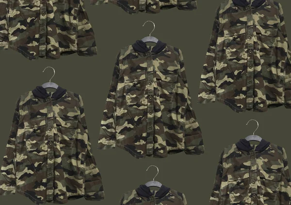 Set Camouflage Print Jacket Corduroy Denim Jacket Hanger Isolated Green — Stock Photo, Image