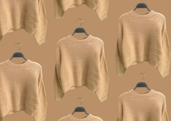 Kahverengi arka planda izole edilmiş askı üzerindeki bej rengi örgü süveterler. Kıyafet kompozisyonu. Banner konsepti. Moda kıyafet kolajı. Moda konsepti. Desen