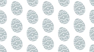 Paskalya yumurtalarının beyaz arka planda izole edildiği kusursuz bir desen. Paskalya tebrik kartları. Bahar tatili. Paskalya yumurtası. Renkli Paskalya kartı. Banner Kutlama Günü. El çizimi soyut desen