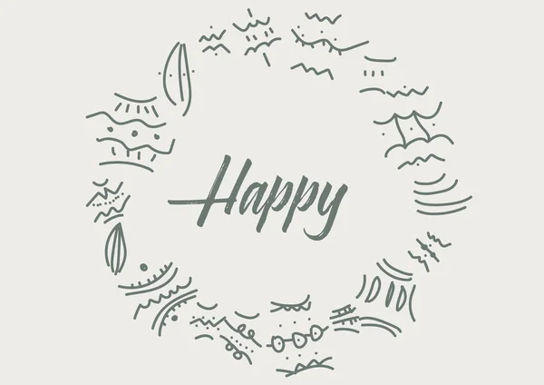 Happy Handwritten Lettering Simple Cute Greeting Card Wreath Patterns Lines — Stock Photo, Image