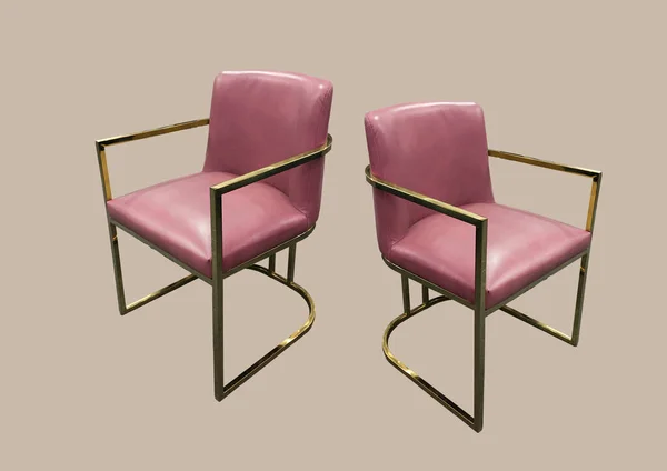 Κομψές Σχεδιαστικές Ροζ Δερμάτινες Καρέκλες Χρυσή Βάση Που Απομονώνονται Καφέ — Φωτογραφία Αρχείου