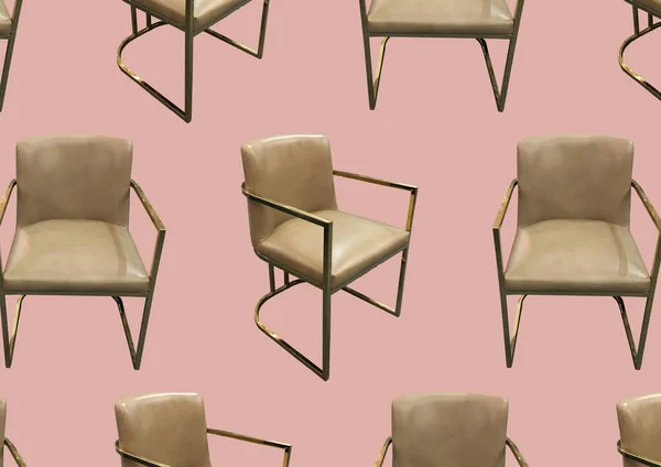 Stylish designer beige leather chairs with a gold base isolated on pink background. Upholstered Designer Chair. Chairs in modern design. Comfortable furniture. Photo collage