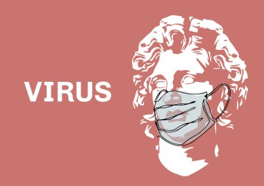 Virüs enfeksiyonu pankartı. Cerrahi maske takan antik bir heykel. Büyük İskender portresi. Koronavirüs hastalıkların yayılması, semptomlar ve önlemlere karşı bilinçlendirme ve alarm için basit bir pankart