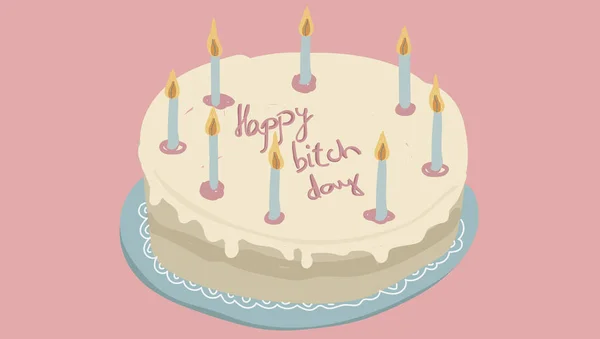 Happy Bitch Day Postcard Design Greeting Inscription Cake Funny Cute — Zdjęcie stockowe