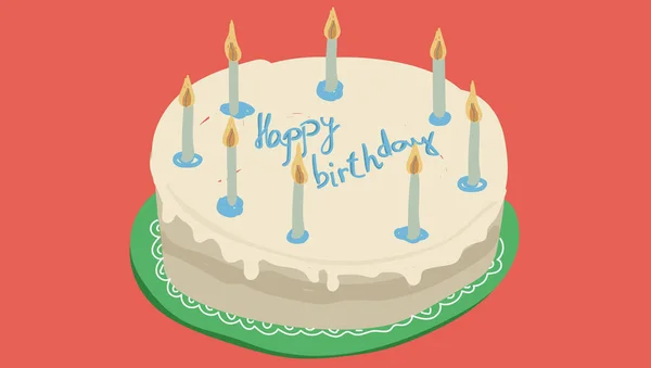 Happy Birthday  postcard design. Greeting inscription on the cake. Funny cute Happy Birthday card with lettering isolated on red background. Birthday cake with candles illustration. Bakery concept.