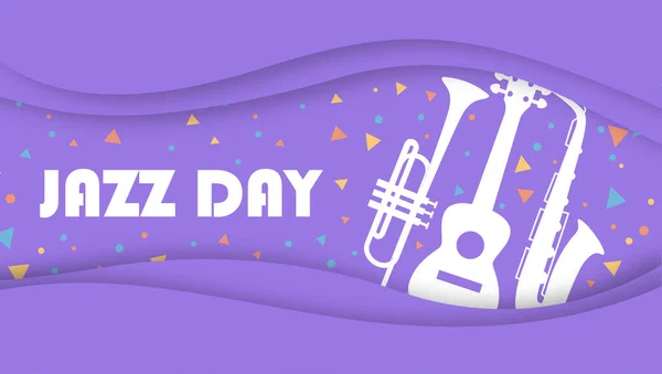 Internationaler Jazztag Buntes Banner Mit Musikinstrumenten Saxofon Flügelhorn Und Gitarre — Stockfoto