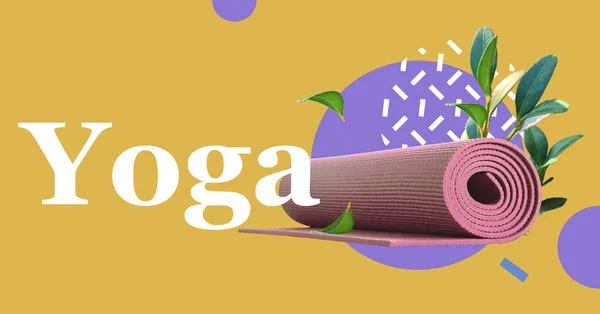 Twisted Yoga Mat with fresh plants isolated on abstract colorful background. Collage banner design. Sport fitness equipment. Sport banner. Fitness training design elements. Healthy lifestyle