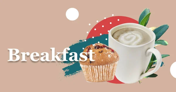 Muffin with berries and coffee in a cup with fresh plants isolated on abstract colorful background. Breakfast lettering sign. Breakfast concept. Good morning. Collage banner design