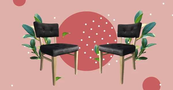 Stylish designer black chairs with fresh plants isolated on abstract colorful background. Psychologist consultation. Collage banner design. Copy space. Place to meditate, relax or interview