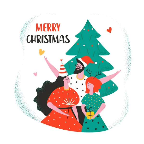Vektor Illusztráció Karácsonyi Üdvözlőlap Aranyos Családi Karakterekkel Jogdíjmentes Stock Vektorok