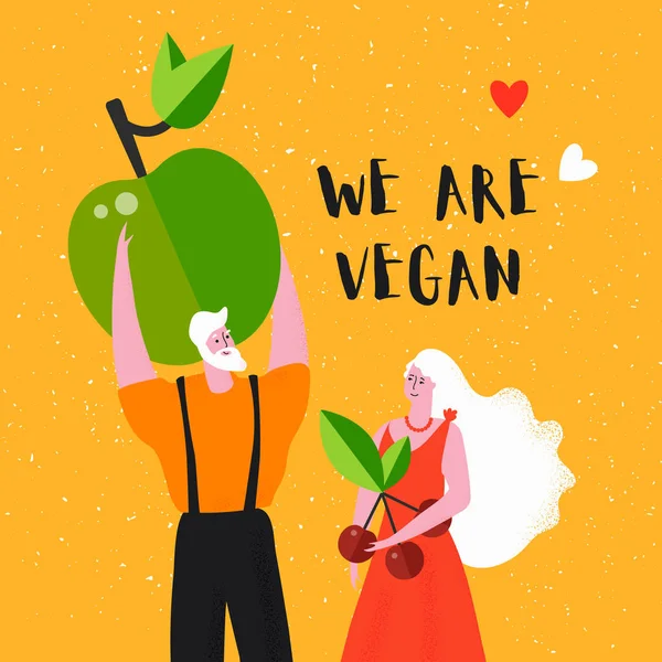 Somos Veganos Hombre Mujer Con Frutas Ilustración Vectorial — Vector de stock