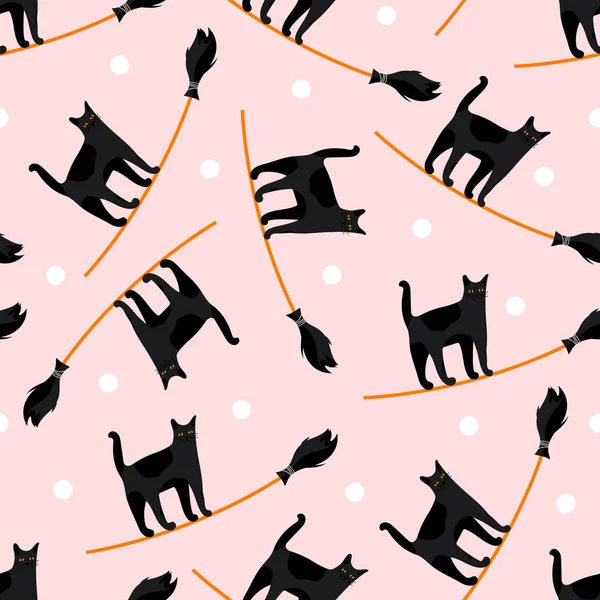 Hauskatzen Muster Mit Besen Auf Rosa Hintergrund — Stockvektor