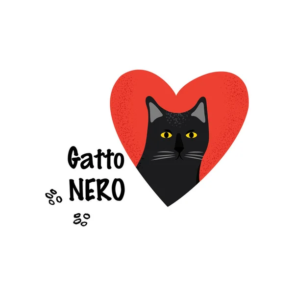 Ilustración Aislada Vectorial Gato Negro Con Corazón Rojo — Vector de stock