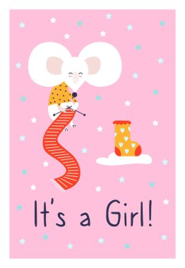 Pembe arka planda çocuksu çorapları olan komik fareli bir kız tebrik kartı.
