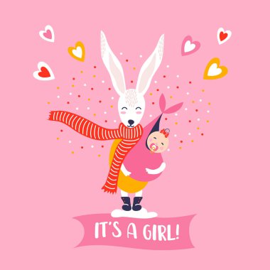 Kız tebrik kartı ve pembe arka planda yeni doğmuş sevimli tavşan resmi.