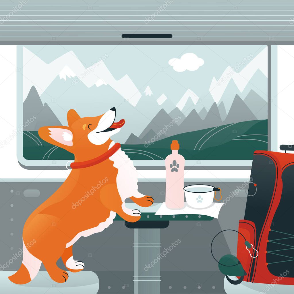 Pet travel vacation on the railway. Funny corgi with dog's accessories for trip. Cute character and view from window of a train on mountain's landscape.