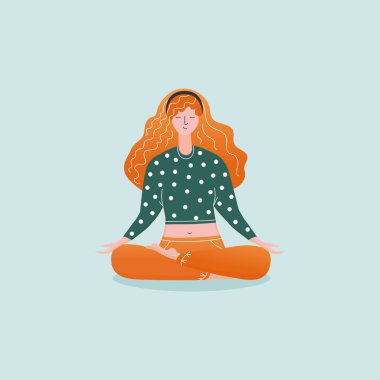 Lotus pozu veren kız. Meditasyon pratiği. Kadın evde kal..