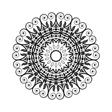 Beyaz izole edilmiş arka planda siyah yuvarlak mandala. Etnik doğu tarzında dekoratif süs. Her türlü tasarım için mükemmel, doğum günü, tatil, kaleydoskop, yoga, meditasyon, mehndi, dövme, dekorasyon ve daha fazlası için..