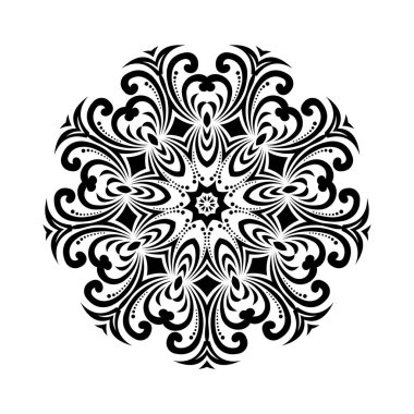 Beyaz izole edilmiş arka planda siyah yuvarlak mandala. Etnik doğu tarzında dekoratif süs. Her tasarım için mükemmel, doğum günü, bayram, kaleydoskop, yoga, meditasyon, mehndi, dövme, dekorasyon.
