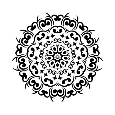 Beyaz izole edilmiş arka planda siyah yuvarlak mandala. Etnik doğu tarzında dekoratif süs. Her tasarım için mükemmel, doğum günü, bayram, kaleydoskop, yoga, meditasyon, mehndi, dövme, dekorasyon.