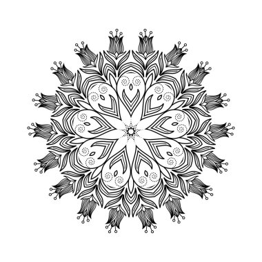 Beyaz izole edilmiş arka planda siyah yuvarlak mandala. Etnik doğu tarzında dekoratif süs. Her tasarım için mükemmel, doğum günü, bayram, kaleydoskop, yoga, meditasyon, mehndi, dövme, dekorasyon.